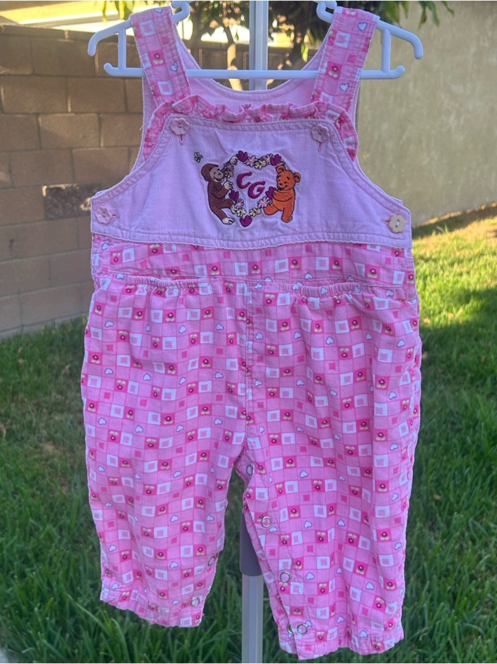 VTG Curious George embroidered pink corduroy overalls